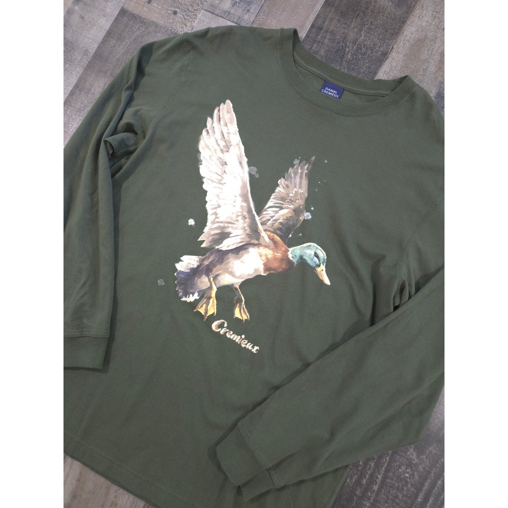 VTG Cremieux Mallard Duck Flying Watercolor Graphic Long Sleeve Tee Olive Green